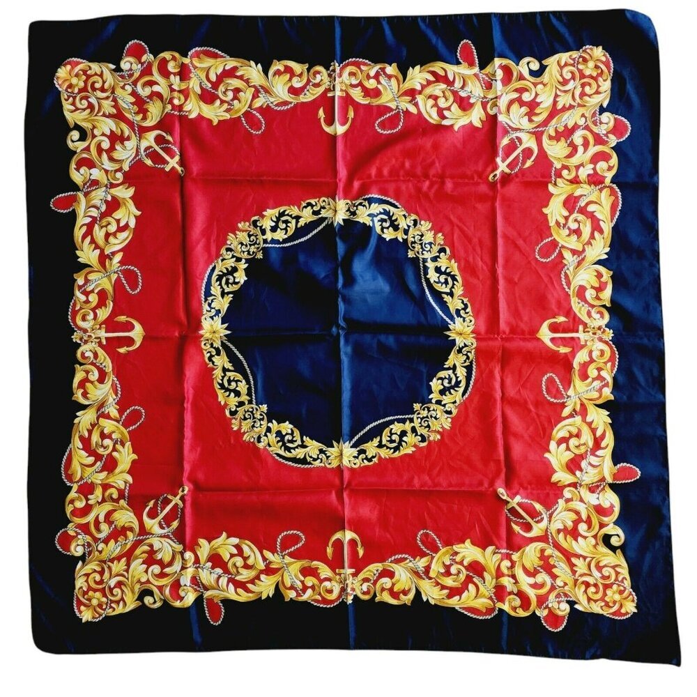 Symphony Scarf Blue Red Gold Baroque Chain Scrollwork Pattern Italy 34 in Square